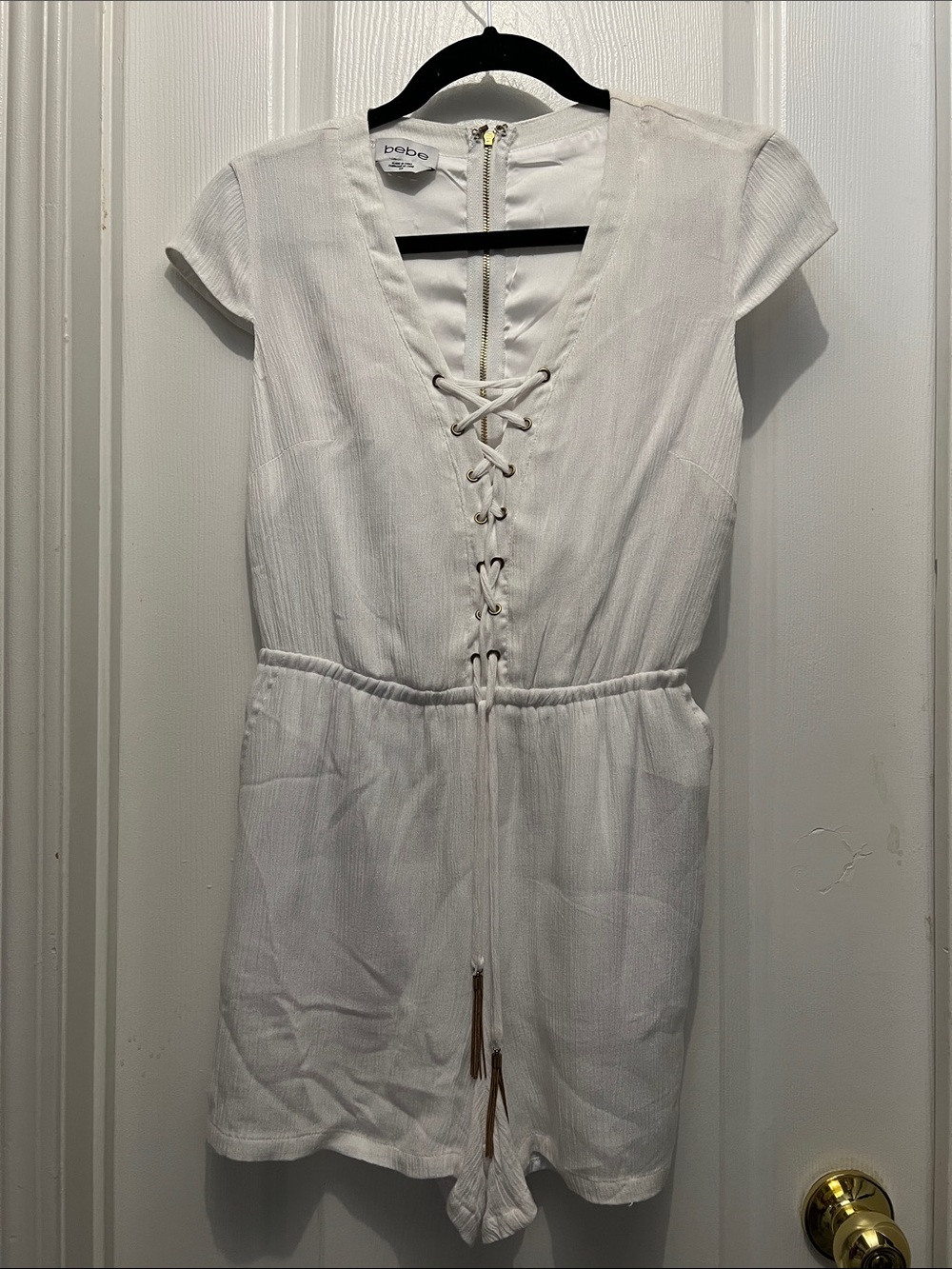 bebe White Lace-Up V-Neck romper
